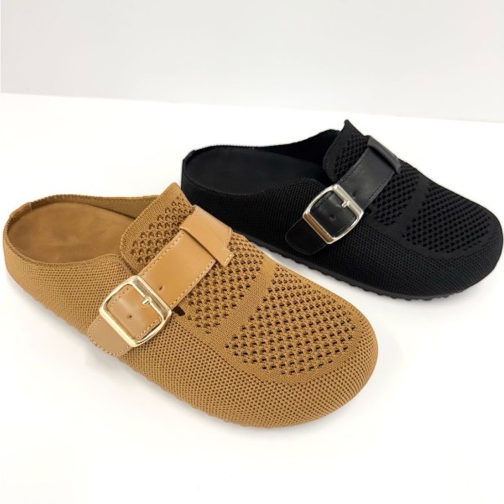 Knit Slip-On Clogs with Buckle - Black & Camel